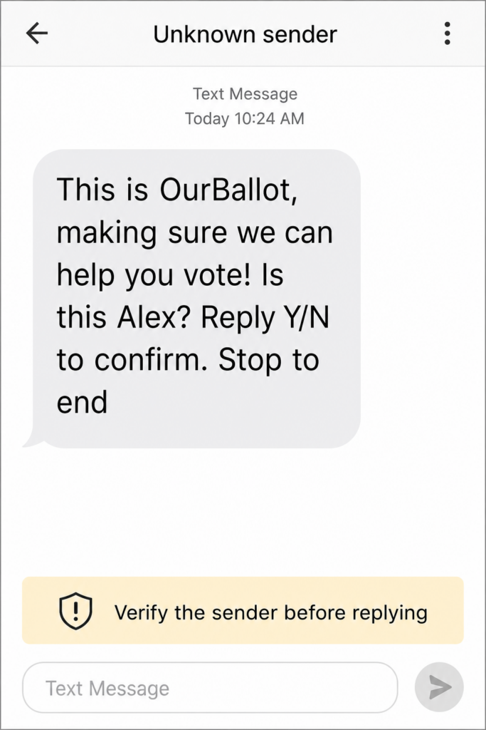 Illustrative OurBallot text asking the recipient to reply Y or N.