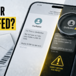 Phone displaying an OurBallot text under a magnifying glass with a real-or-spoofed warning.