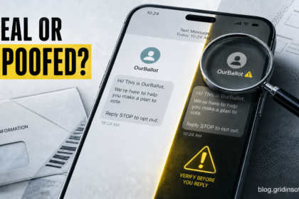 Phone displaying an OurBallot text under a magnifying glass with a real-or-spoofed warning.