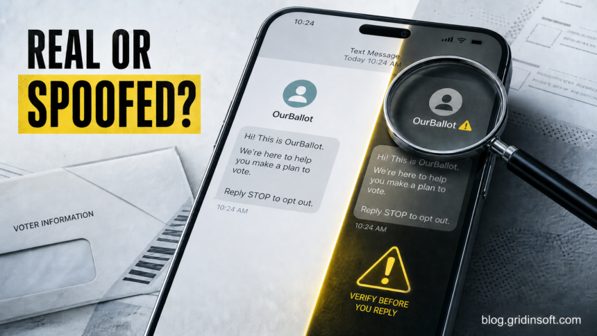Phone displaying an OurBallot text under a magnifying glass with a real-or-spoofed warning.
