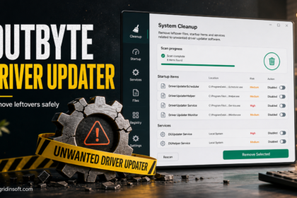 Outbyte Driver Updater cleanup dashboard showing unwanted startup and service leftovers disabled.