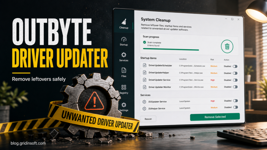 Outbyte Driver Updater cleanup dashboard showing unwanted startup and service leftovers disabled.