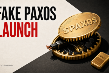 Fake PAXOS token launch shown as a gold coin trap beside legitimate PAXG.