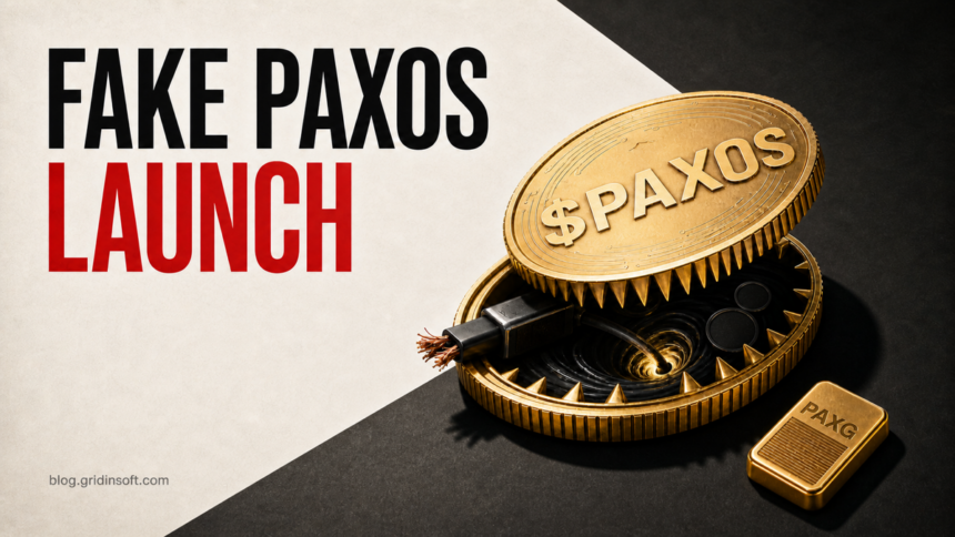 Fake PAXOS token launch shown as a gold coin trap beside legitimate PAXG.