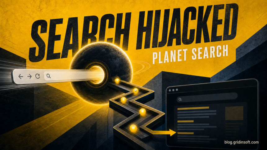 Search Hijacked poster showing Planet Search redirecting browser queries along a hidden path.