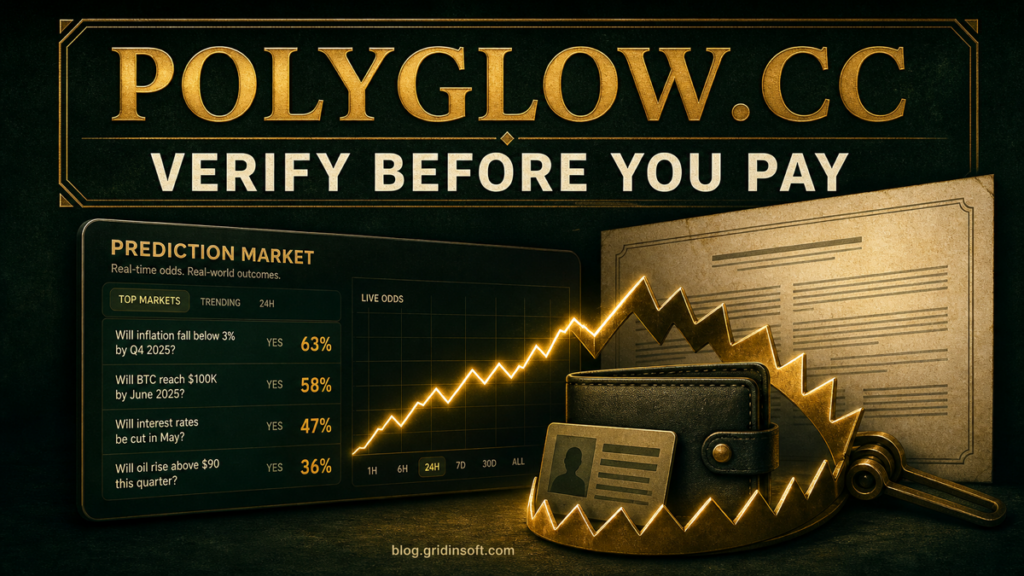 A prediction-market interface becomes a trap around a wallet and identity card, warning readers to verify Polyglow.cc before paying.