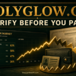 A prediction-market interface becomes a trap around a wallet and identity card, warning readers to verify Polyglow.cc before paying.