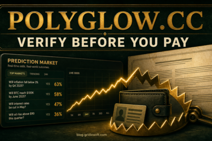 A prediction-market interface becomes a trap around a wallet and identity card, warning readers to verify Polyglow.cc before paying.
