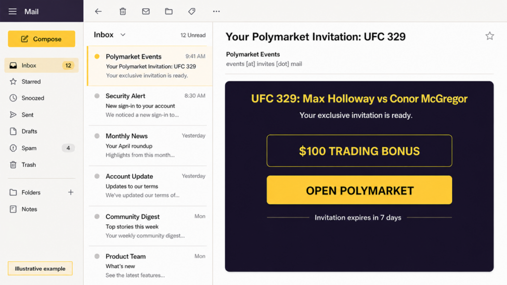 Polymarket Holloway vs McGregor Email Scam: UFC 329 Wallet Trap 2 Illustrative Polymarket UFC 329 invitation email showing a $100 trading bonus and seven-day deadline.