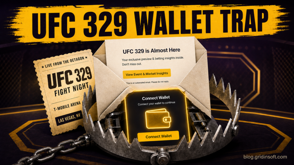 A fake UFC 329 event email closes a metal trap around a wallet connection prompt.