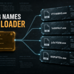 Four rotating CoinMiner executable names connected to one stable signed launcher.