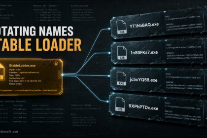Four rotating CoinMiner executable names connected to one stable signed launcher.