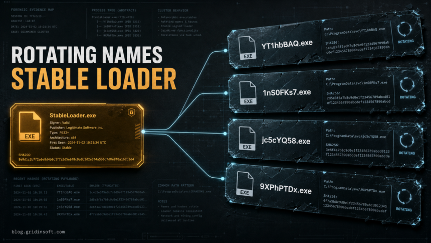 Rotating Names, Stable Loader: A Polymorphic CoinMiner Cluster on Chinese Windows Systems 1 Four rotating CoinMiner executable names connected to one stable signed launcher.