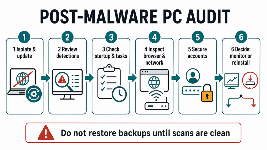 Post-malware PC audit order: isolate, review detections, check startup and tasks, inspect browser and network, secure accounts, then monitor or reinstall.