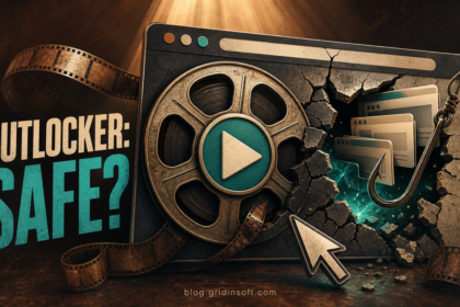 Putlocker safety scene with a cracked movie player, redirect tabs, and a download hook.
