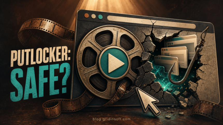 Putlocker safety scene with a cracked movie player, redirect tabs, and a download hook.