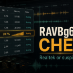 RAVBg64.exe highlighted in a process list with CPU activity and audio signals