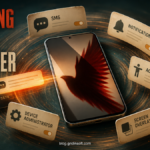 RedWing Android spyware phone surrounded by SMS, notification, Accessibility, device administrator, and screen overlay permission cards.