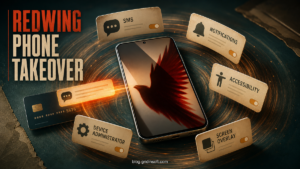 RedWing Android spyware phone surrounded by SMS, notification, Accessibility, device administrator, and screen overlay permission cards.