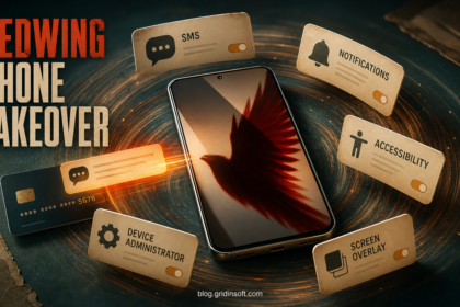 RedWing Android spyware phone surrounded by SMS, notification, Accessibility, device administrator, and screen overlay permission cards.