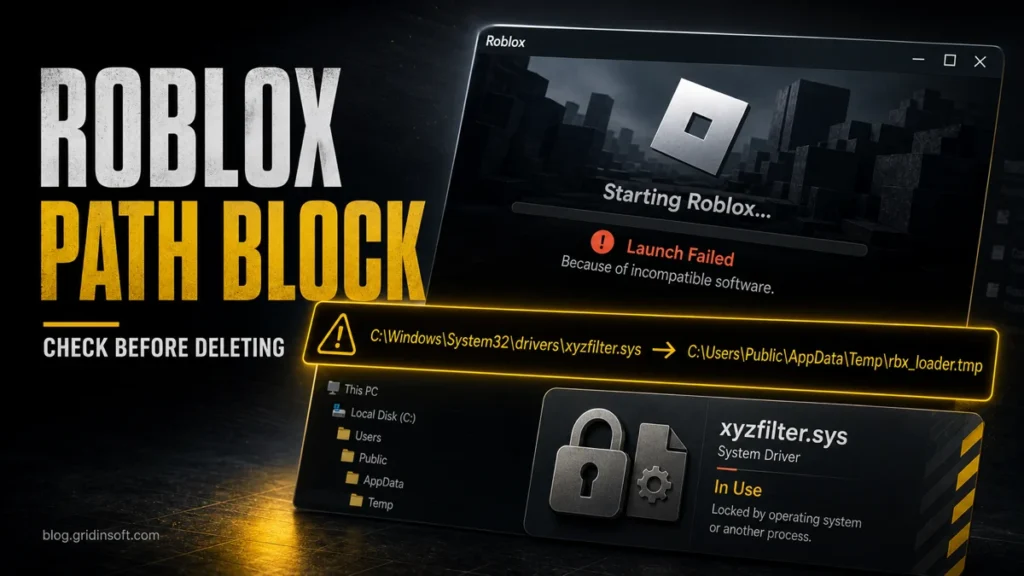 Roblox launch blocked by an incompatible software path with a warning to check the named file before deleting it.