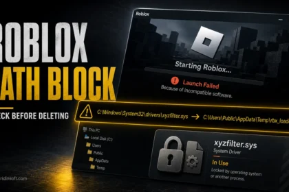 Roblox launch blocked by an incompatible software path with a warning to check the named file before deleting it.