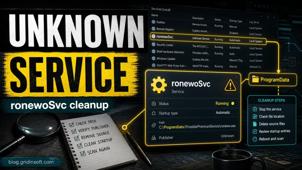 Unknown Windows service cleanup poster for ronewoSvc and ronewo.exe.