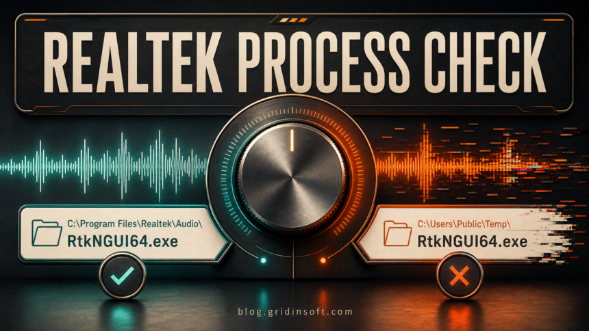 RtkNGUI64.exe path check comparing a Realtek program folder with a suspicious user-writable folder.