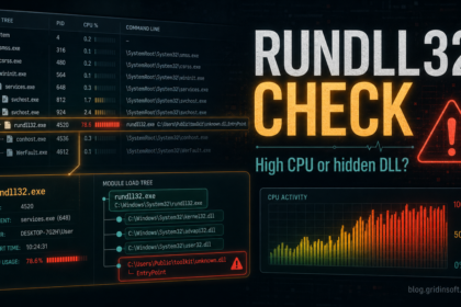 Rundll32.exe high CPU check showing a suspicious DLL loaded by Windows host process.