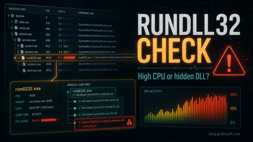 Rundll32.exe High CPU: Safe Process or Hidden DLL? 1 Rundll32.exe high CPU check showing a suspicious DLL loaded by Windows host process.