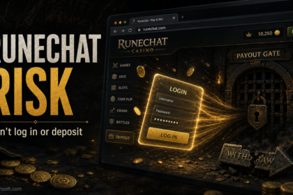 Runechat risk warning with a casino login form and locked payout gate.