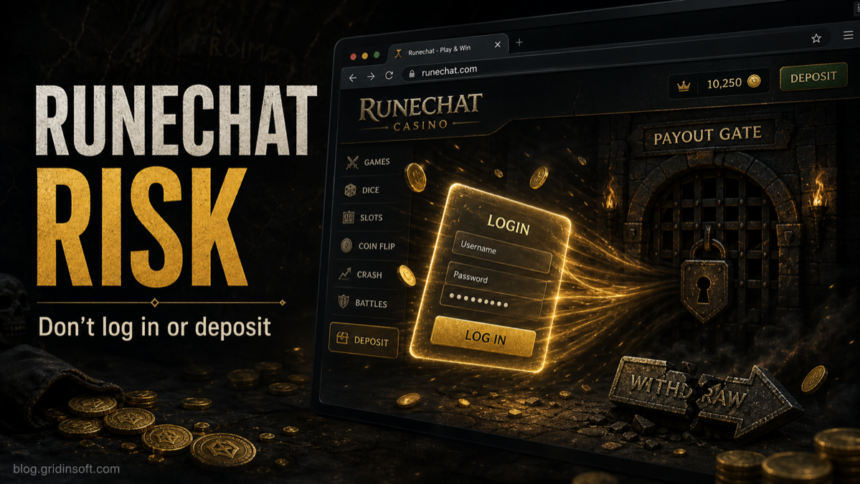 Runechat risk warning with a casino login form and locked payout gate.
