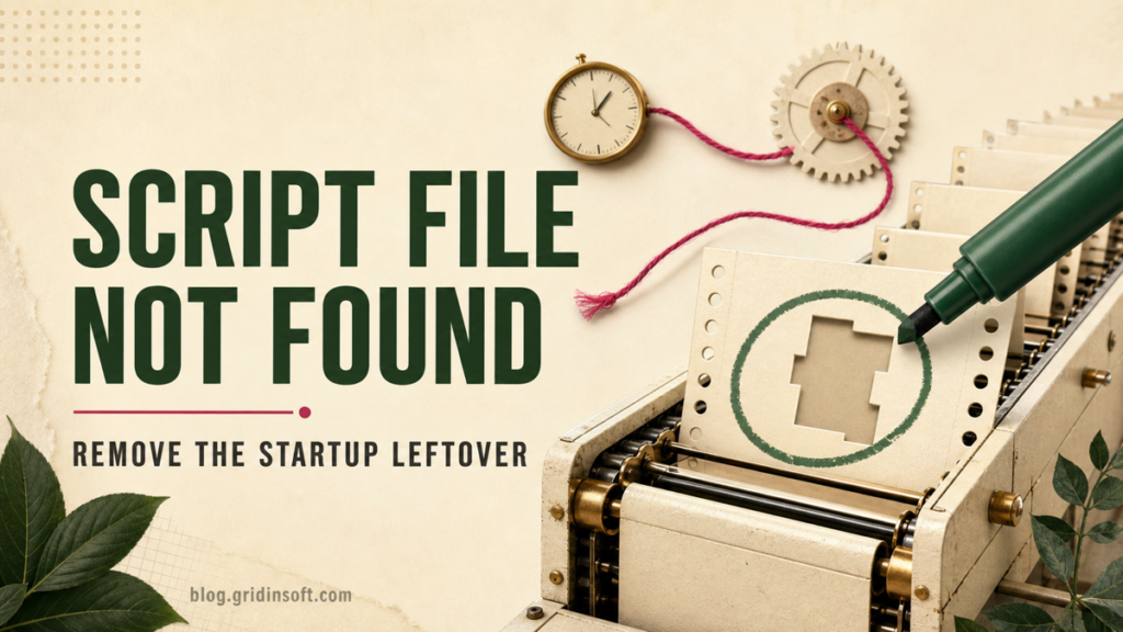 A Windows startup launcher pointing to a missing script file and triggering an error window.