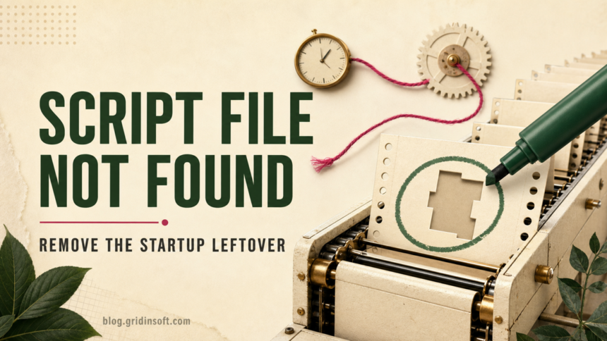 A Windows startup launcher pointing to a missing script file and triggering an error window.