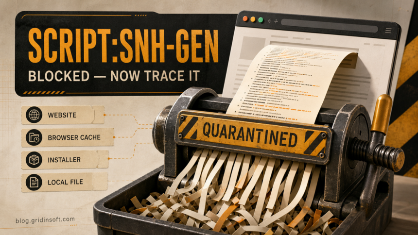 Script:SNH-gen alert traced from a website, browser cache, installer, or local file into quarantine.