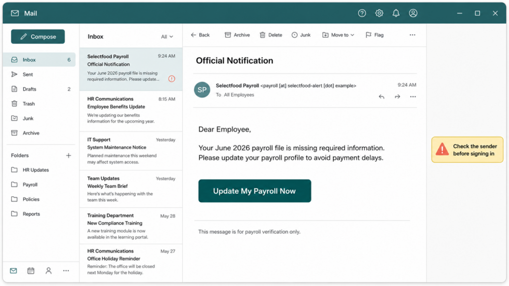 Selectfood Payroll Email Scam: Fake Payroll Update Warning 2 Illustrative Selectfood Payroll phishing email with an Update My Payroll Now button.