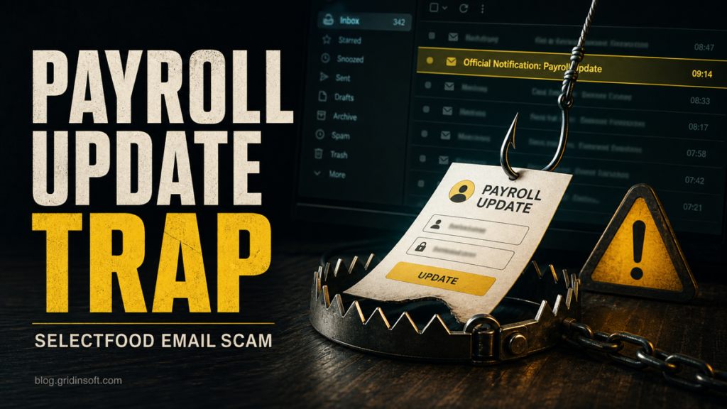 Payroll update phishing trap with a fake Selectfood email and a credential-stealing form.
