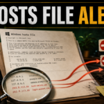 Hosts file alert showing suspicious Windows redirect entries.
