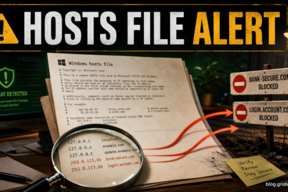 Hosts file alert showing suspicious Windows redirect entries.