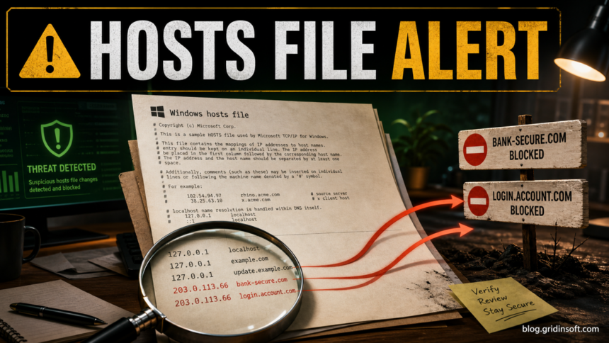 Hosts file alert showing suspicious Windows redirect entries.