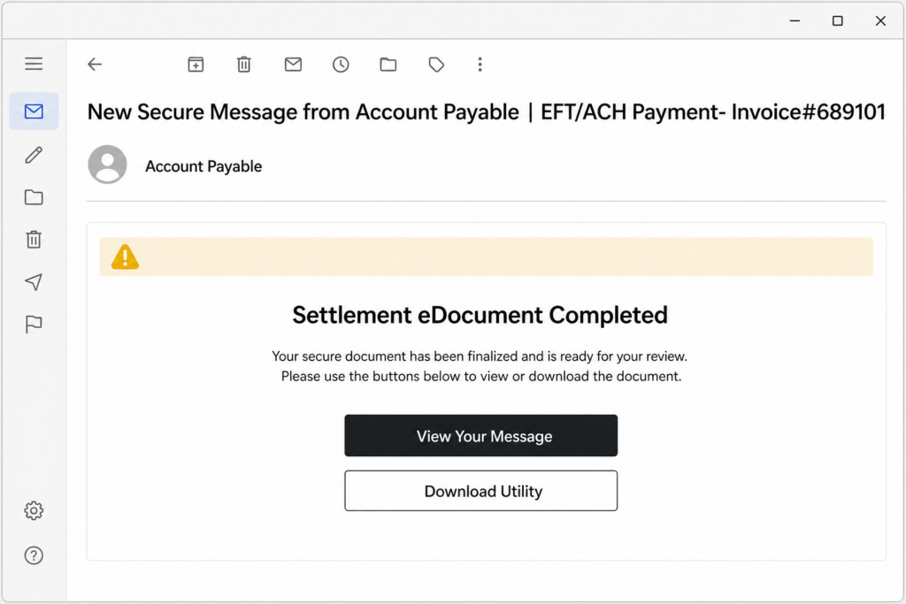 Fake Settlement eDocument email asking the reader to view a message or download a utility.