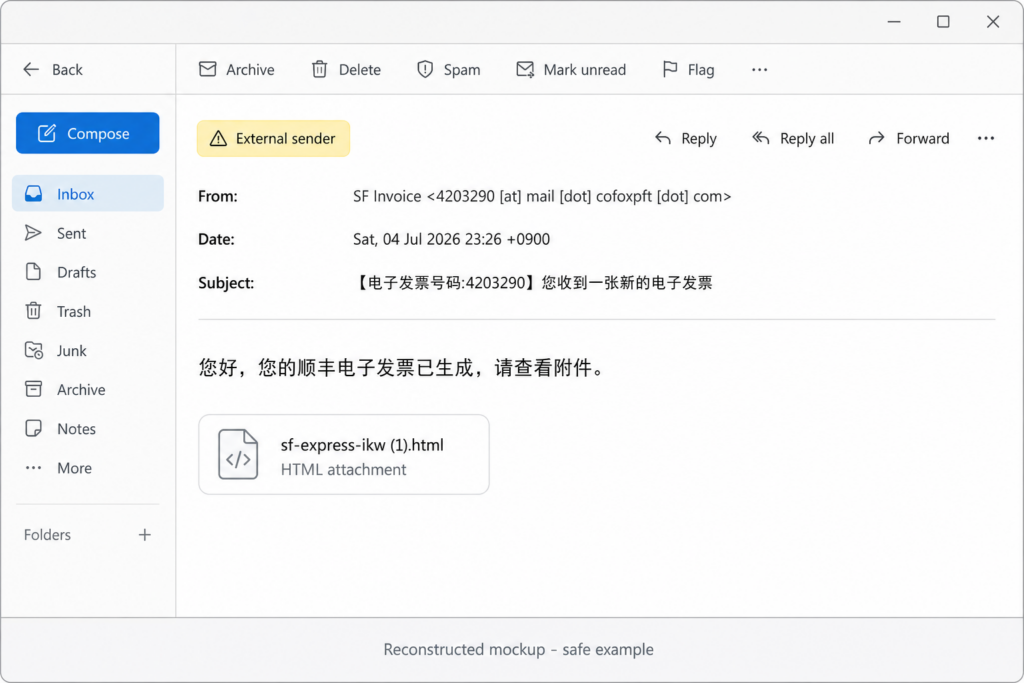 SF Express E-Invoice HTML Phishing Kit: Technical Analysis 2 Safe reconstructed email client mockup showing a Chinese SF Express e-invoice phishing lure with an HTML attachment.