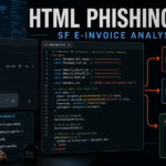 Technical diagram-style poster for an SF Express e-invoice HTML phishing kit using Telegram API and EmailJS exfiltration.