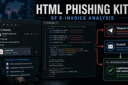 Technical diagram-style poster for an SF Express e-invoice HTML phishing kit using Telegram API and EmailJS exfiltration.