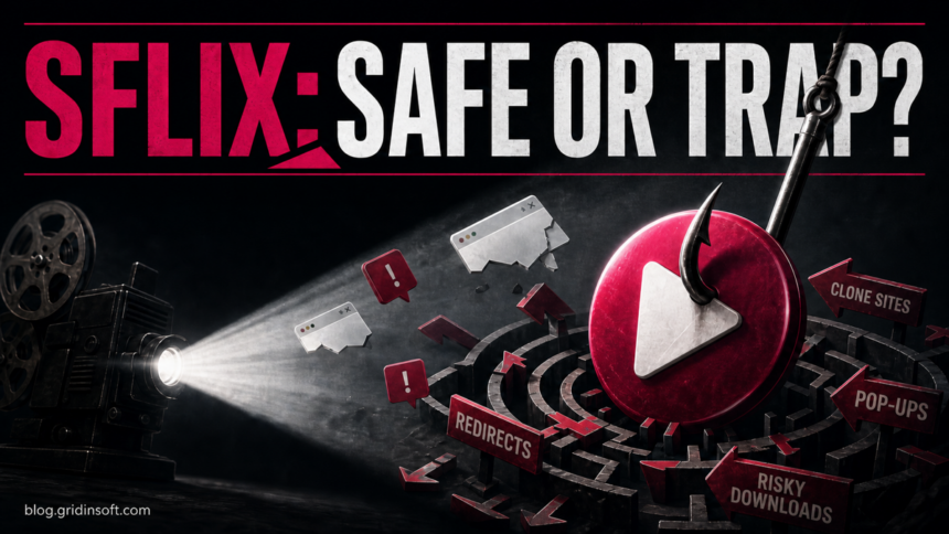 SFlix Play button caught by a hook inside a maze of redirects and risky downloads.