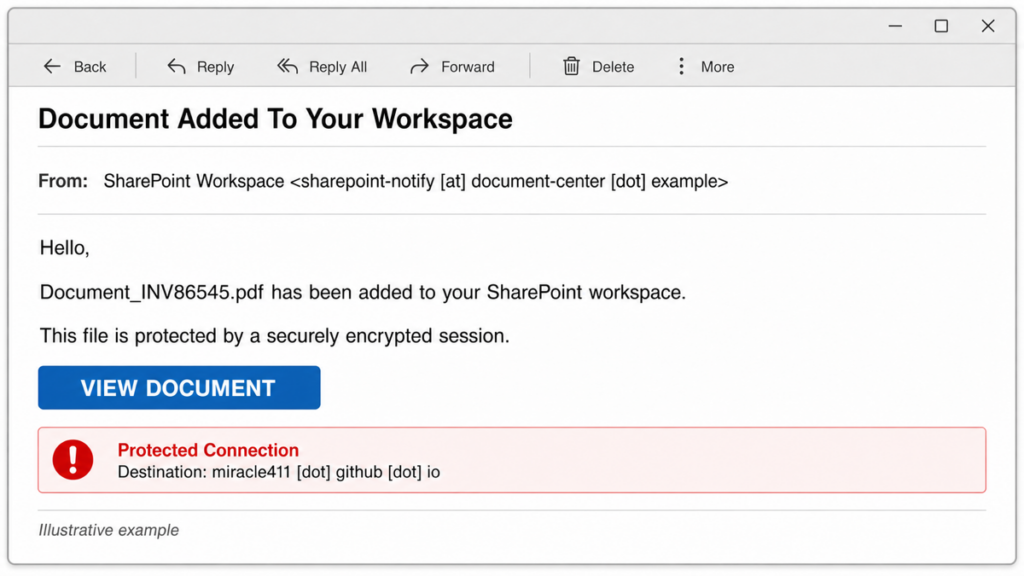 Illustrative SharePoint workspace phishing email with Document_INV86545.pdf and a View Document button.