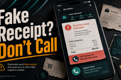 Fake receipt callback scam warning on a generic order-tracking phone screen.