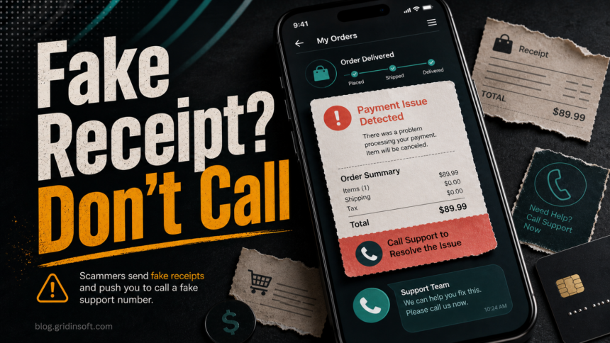 Shop App Fake Receipt Scam: What to Do Before You Call 1 Fake receipt callback scam warning on a generic order-tracking phone screen.