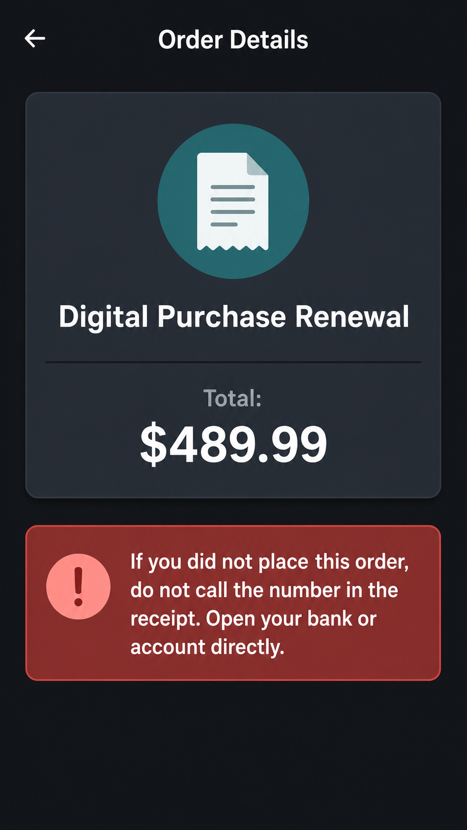 Shop App Fake Receipt Scam: What to Do Before You Call 2 Generic fake receipt warning in a shopping app order details screen.